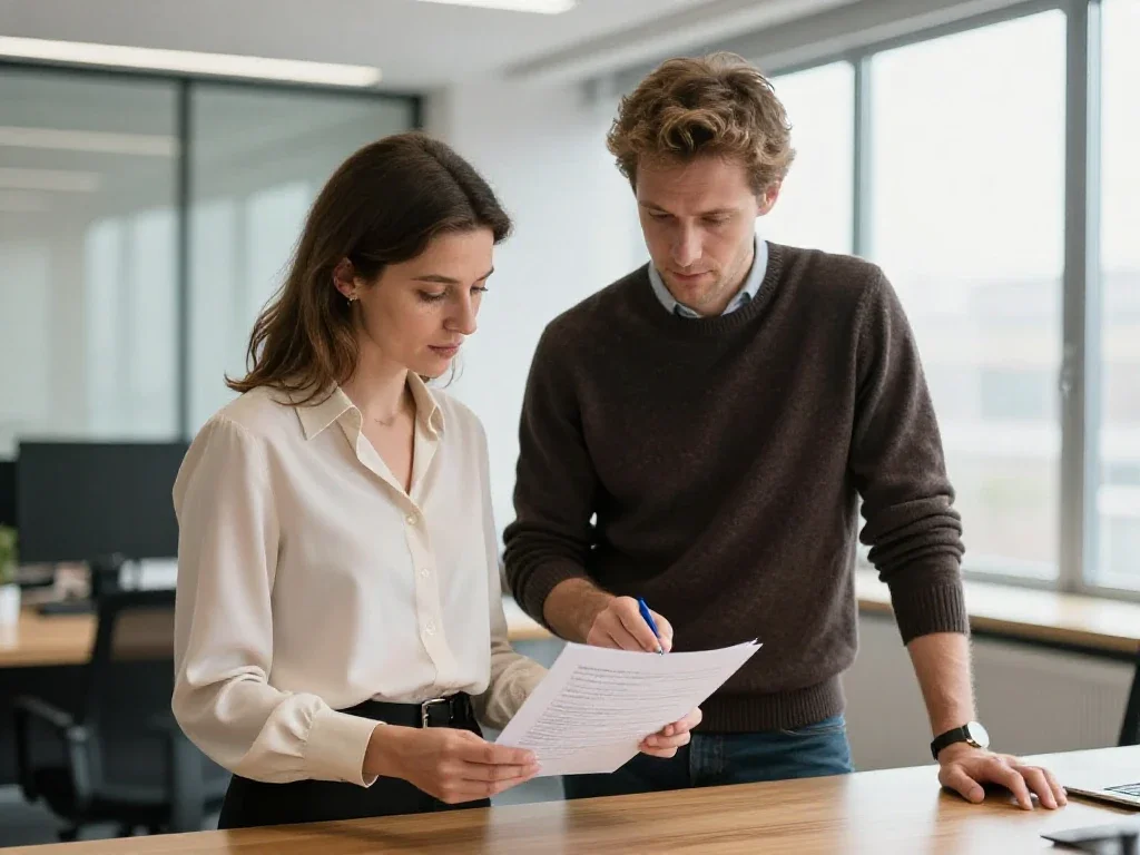 Deux collègues collaborent autour d'un document pour illustrer une communication professionnelle fluide.