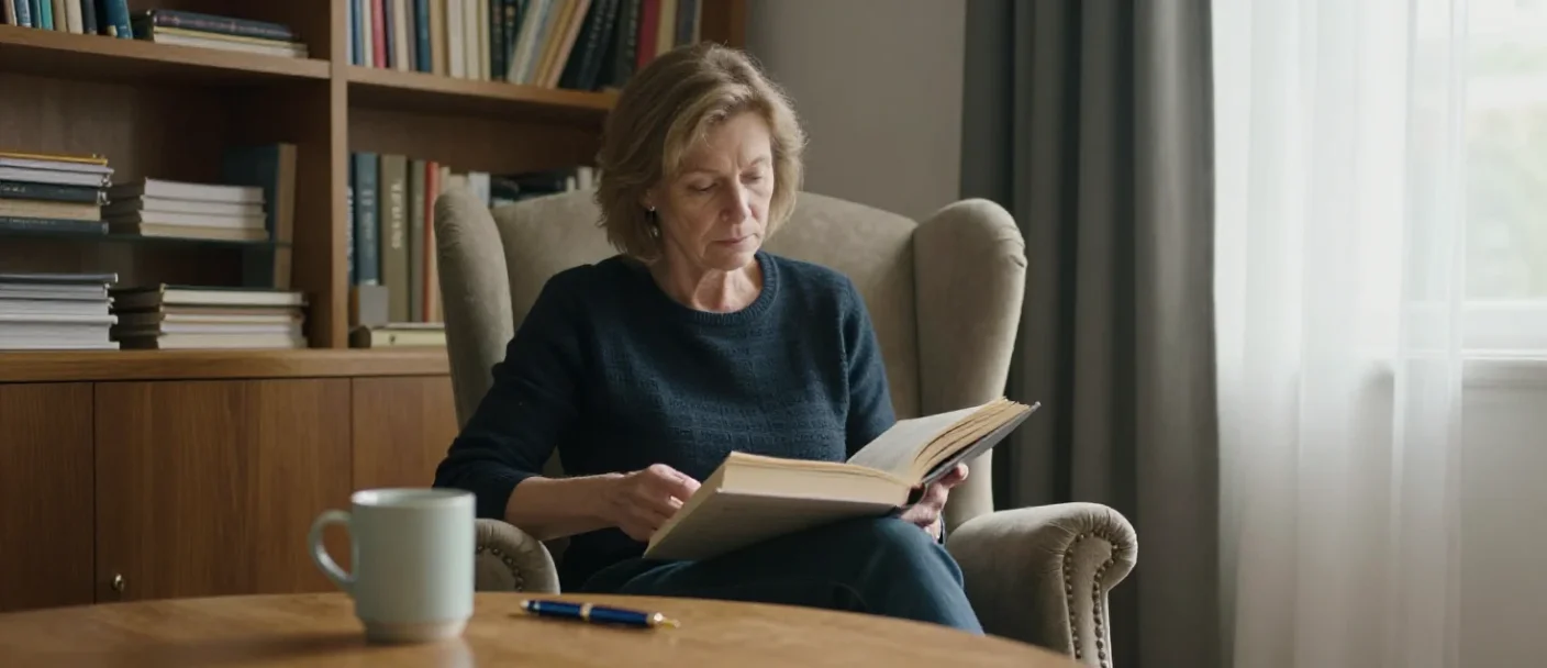 Une femme feuillette un livre pour apprendre de nouveaux sujets de manière simple et accessible.