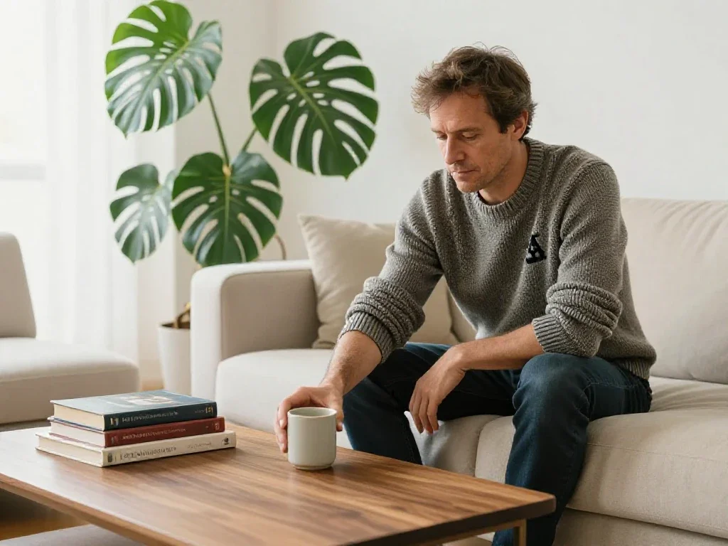 Un homme français d'apparence européenne se détend, illustrant un art de vivre moderne et serein.