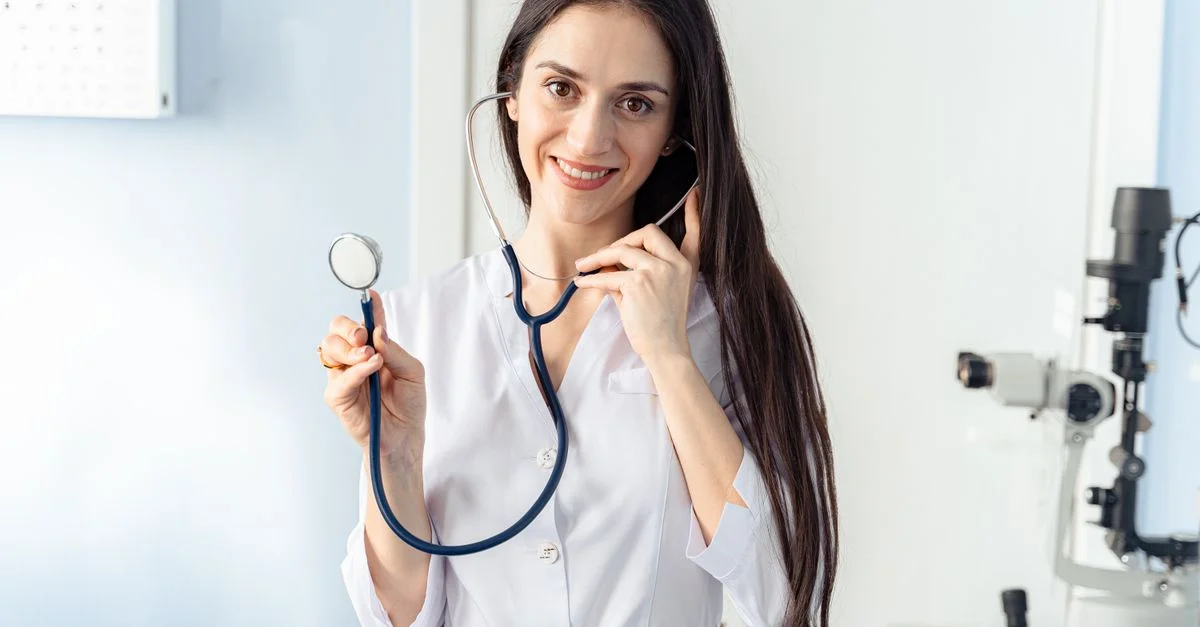 Médecin femme confiante tenant un stéthoscope tout en souriant dans un cadre clinique.